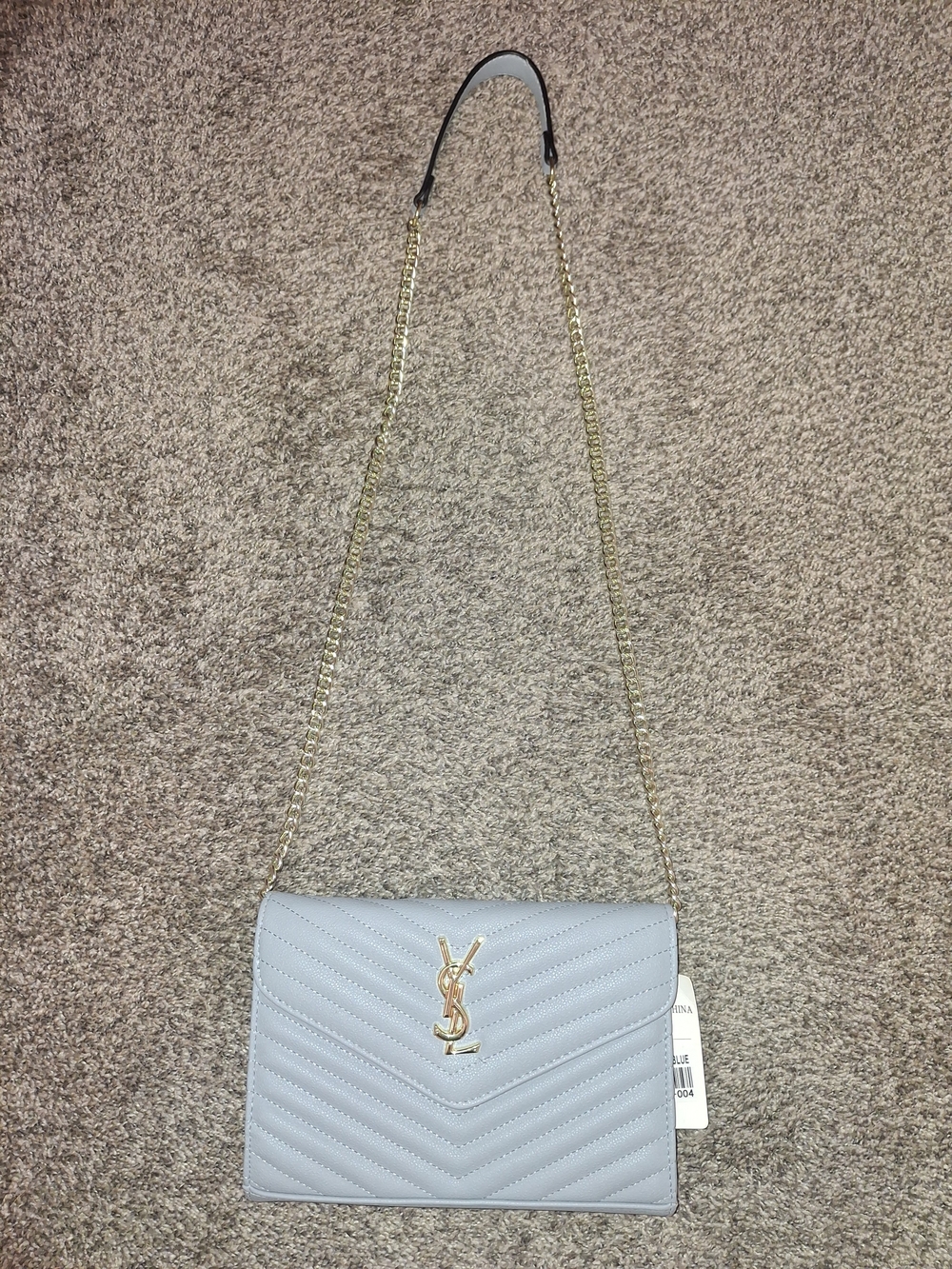 Saint Laurent Light Blue Quilted Chevron Leather Crossbody with Gold Chain